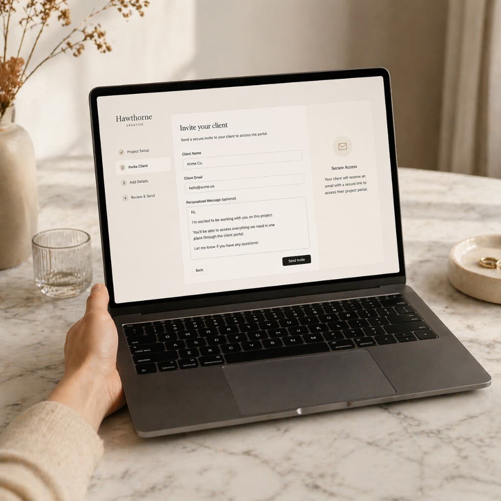 Studio owner sending a secure branded client invite through Workroom