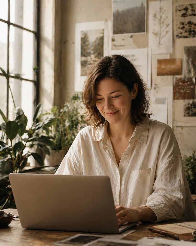 Creative professional smiling at her studio desk surrounded by plants