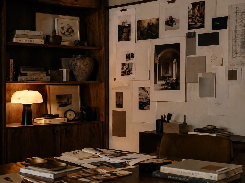 Warm, dimly lit creative studio with bookshelves and a glowing lamp