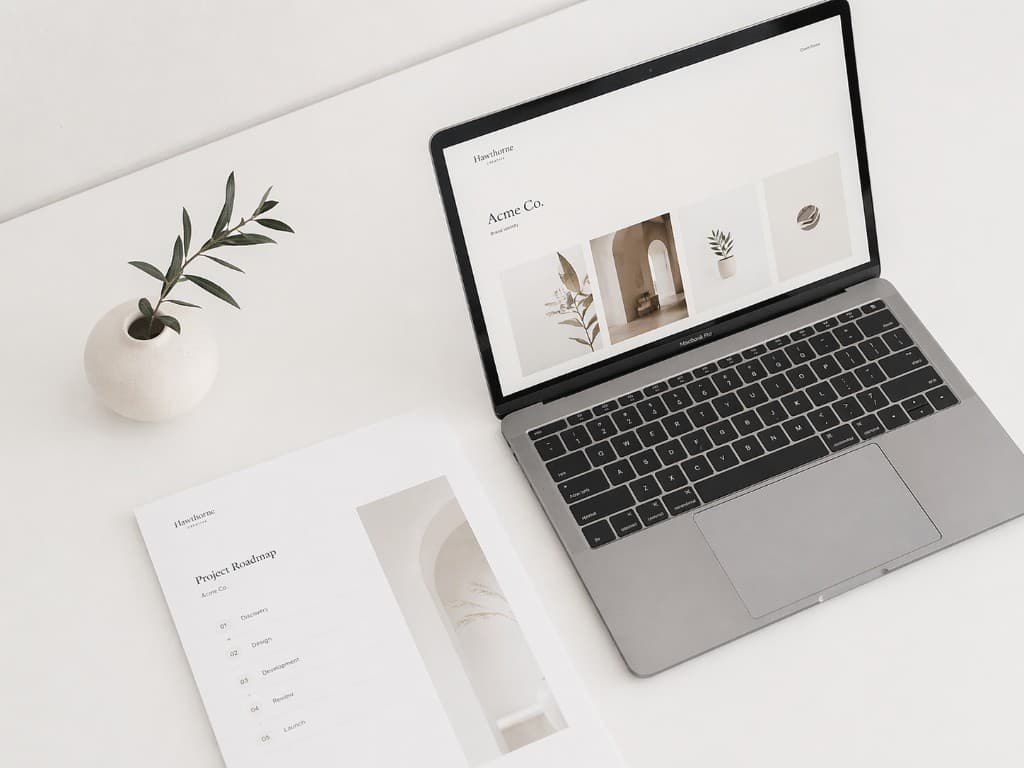 Clean minimal desk with a laptop showing a client portfolio website