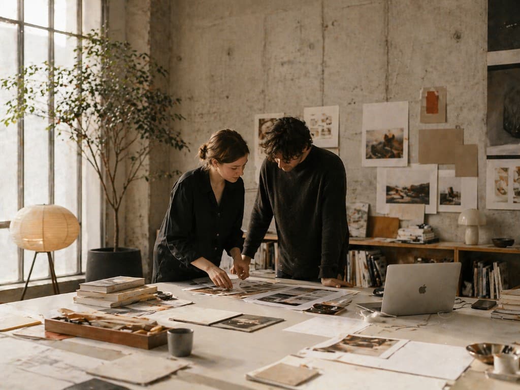 Two designers reviewing brand materials together in a bright industrial studio